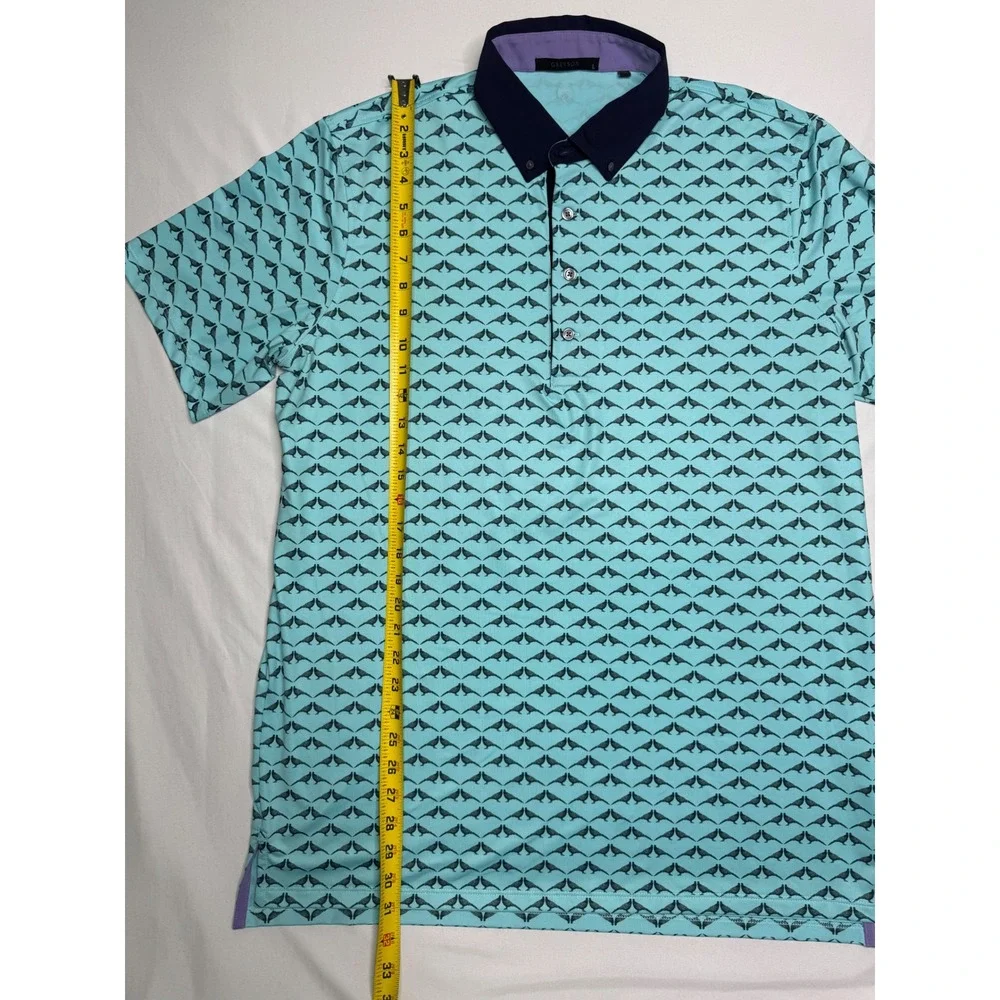 Greyson Clothiers Mens Large Turquoise Bird Print Golf Polo Shirt Navy Collar